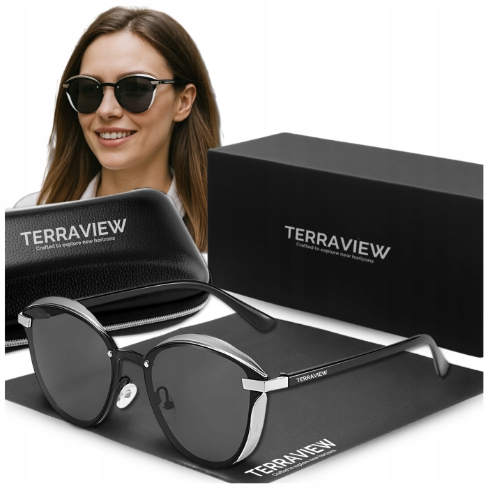 Okulary przeciwsłoneczne damskie Terraview kocie oczy z polaryzacją UV400 + Etui (Srebrno-czarne)
