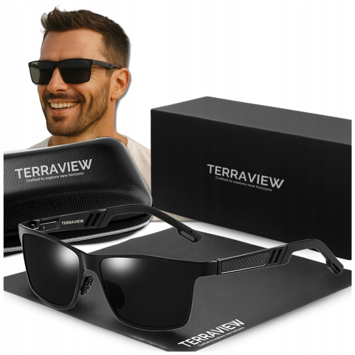 Okulary przeciwsłoneczne męskie nerdy Terraview z polaryzacją UV400 + Etui (Czarne)