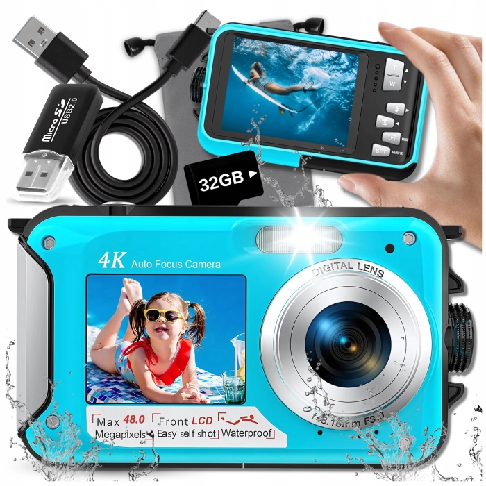Wodoodporny aparat cyfrowy podwodny 48 Mpx, 16x zoom, karta 32 GB