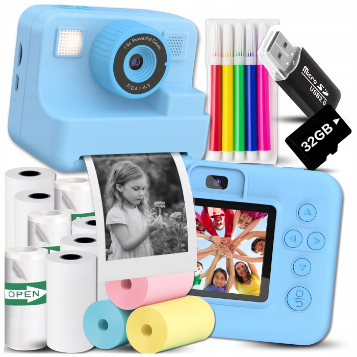Cyfrowy aparat natychmiastowy dla dzieci z drukarką Drukuś + 11 rolek i karta SD 32 GB