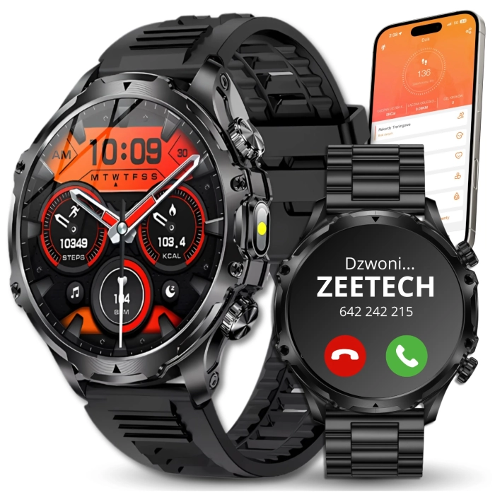 Smartwatch męski ZAK75 - zegarek sportowy z funkcją dzwonienia, polskim menu i pomiarami (Czarny)