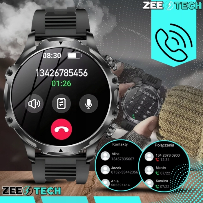 Smartwatch męski ZAK75 - zegarek sportowy z funkcją dzwonienia, polskim menu i pomiarami (Czarny)