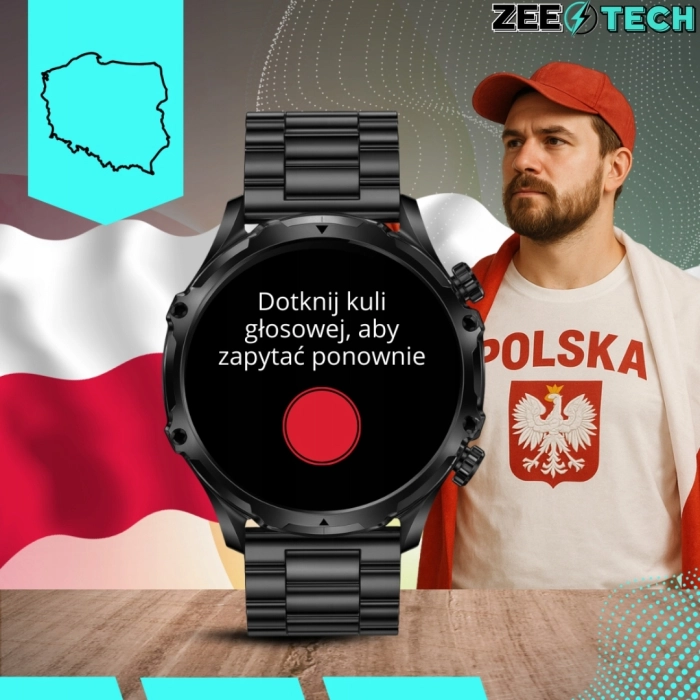 Smartwatch męski ZAK75 - zegarek sportowy z funkcją dzwonienia, polskim menu i pomiarami (Czarny)