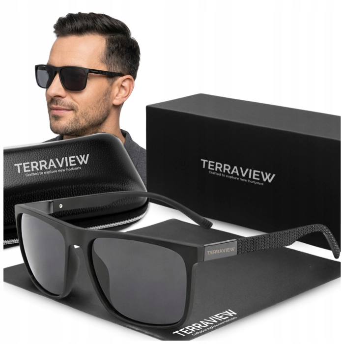 Okulary Przeciwsłoneczne Męskie Polaryzacyjne Terraview Nerdy UV400 Czarne + Etui