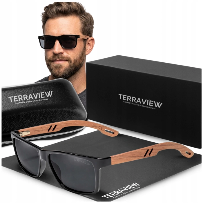 Okulary przeciwsłoneczne męskie drewniane Terraview z polaryzacją UV400 + Etui (Czarne)