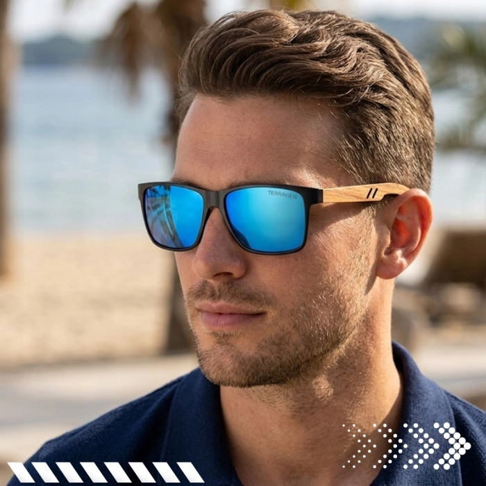 Okulary przeciwsłoneczne męskie drewniane Terraview z polaryzacją UV400 + Etui (Czarne)