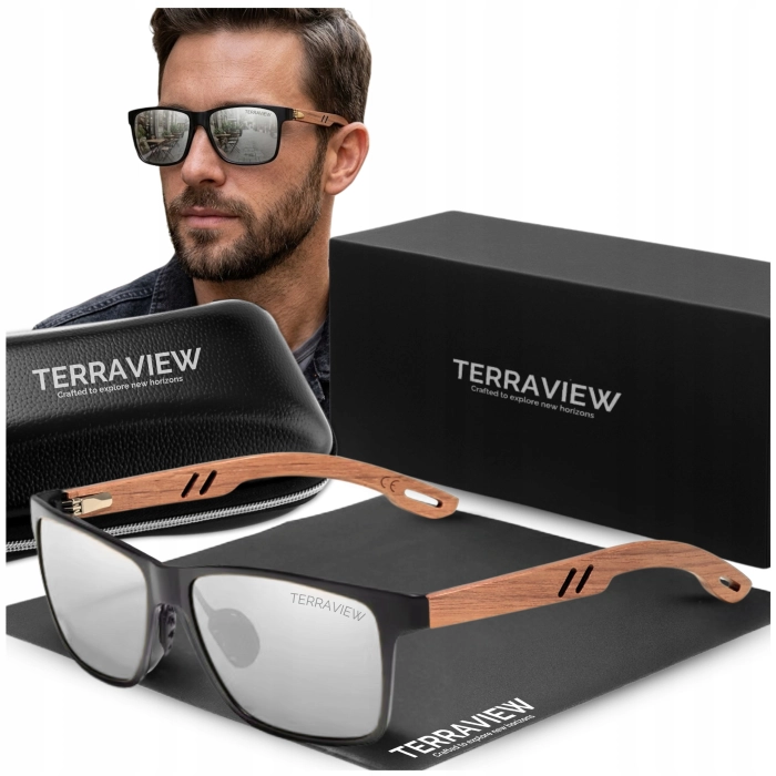 Okulary przeciwsłoneczne męskie drewniane Terraview z polaryzacją UV400 + Etui (Srebrne)