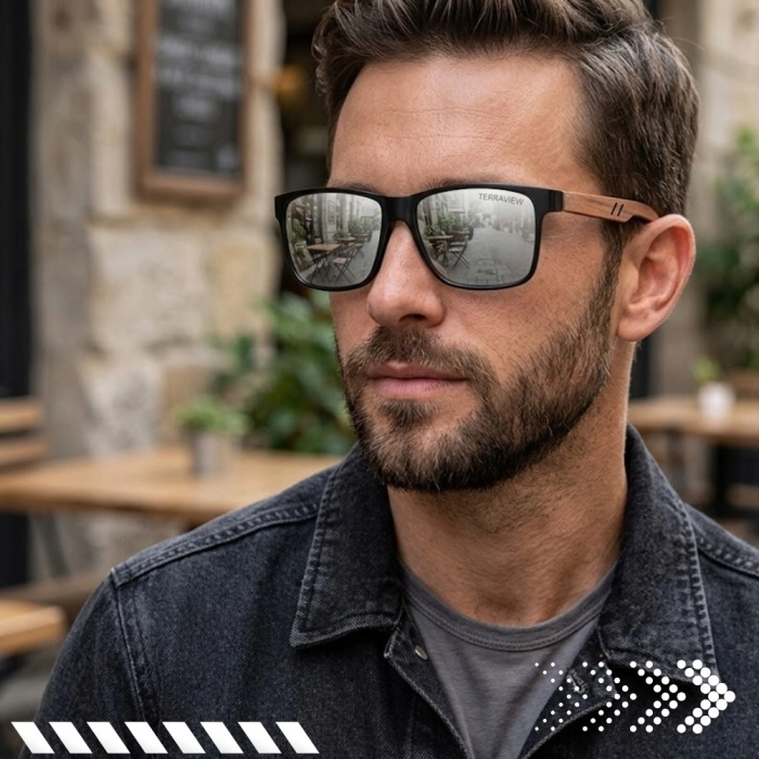 Okulary przeciwsłoneczne męskie drewniane Terraview z polaryzacją UV400 + Etui (Srebrne)