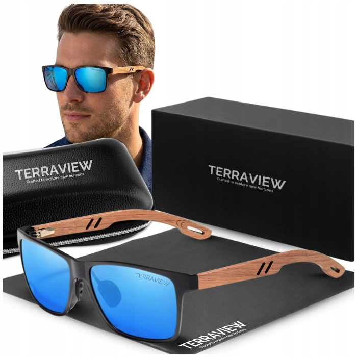 Okulary przeciwsłoneczne męskie drewniane Terraview z polaryzacją UV400 + Etui (Niebieskie)