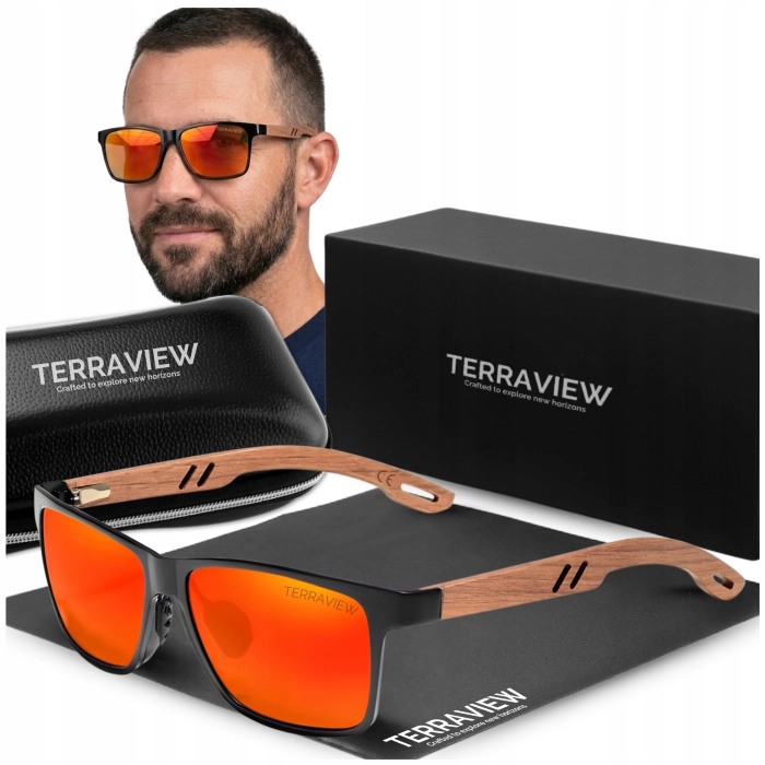 Okulary przeciwsłoneczne męskie drewniane Terraview z polaryzacją UV400 + Etui (Pomarańczowe )