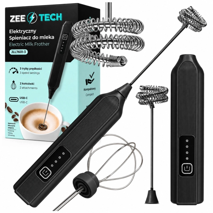 Spieniacz do mleka elektryczny USB 2w1 – mocny ubijacz do kawy, 3 tryby pracy (czarny)