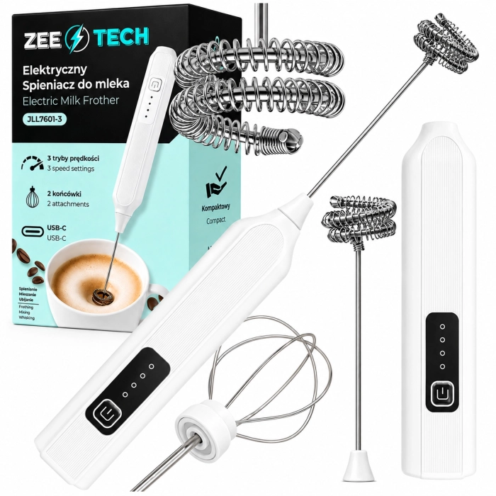 Spieniacz do mleka elektryczny USB 2w1 – mocny ubijacz do kawy, 3 tryby pracy (biały)