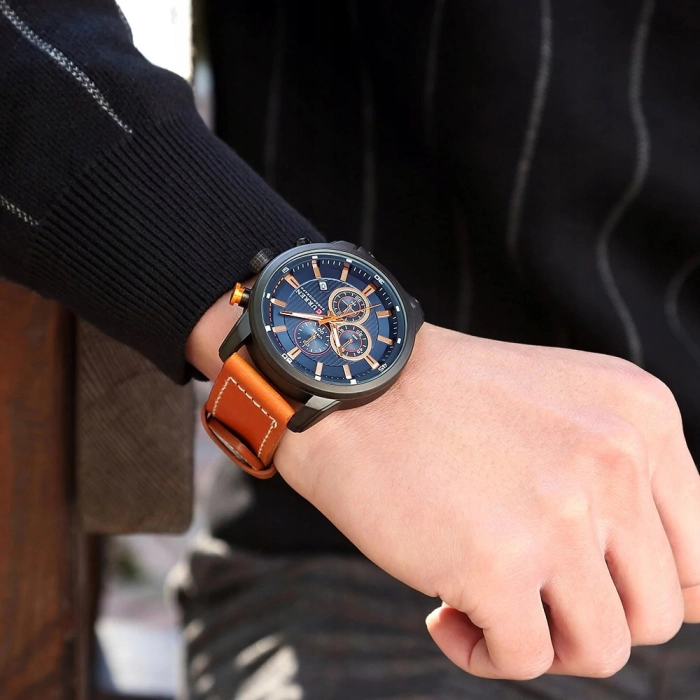 Zegarek męski skórzany Curren - klasyczny i elegancki z chronografem (Czarno-granatowy)