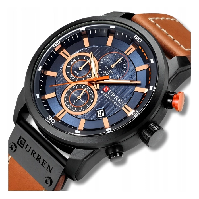 Zegarek męski skórzany Curren - klasyczny i elegancki z chronografem (Czarno-granatowy)