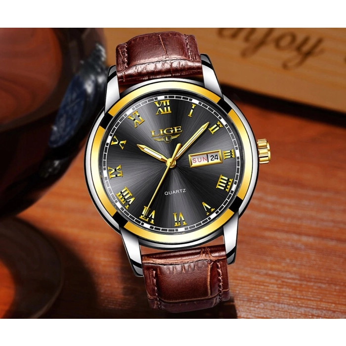 Zegarek męski LIGE skórzany pasek - klasyczny i elegancki z datownikiem + Pudełko (Niebieski)