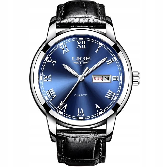 Zegarek męski LIGE skórzany pasek - klasyczny i elegancki z datownikiem + Pudełko (Niebieski)