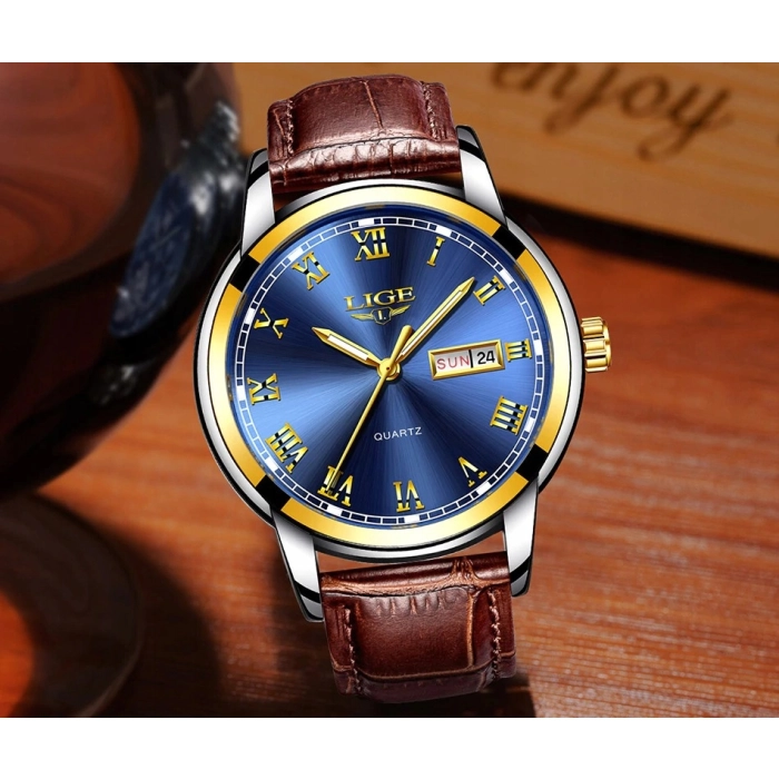 Zegarek męski LIGE skórzany pasek - klasyczny i elegancki z datownikiem + Pudełko (Niebieski)