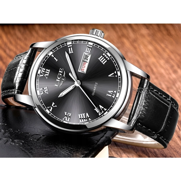 Zegarek męski LIGE skórzany pasek - klasyczny i elegancki z datownikiem + Pudełko (Niebieski)