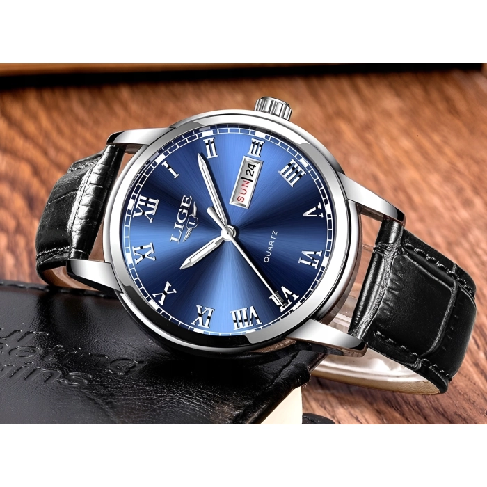 Zegarek męski LIGE skórzany pasek - klasyczny i elegancki z datownikiem + Pudełko (Niebieski)