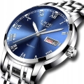 Zegarek męski LIGE na bransolecie - klasyczny z datownikiem + Pudełko (Srebrno-niebieski)