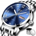 Zegarek męski LIGE na bransolecie - klasyczny z datownikiem + Pudełko (Srebrno-niebieski)