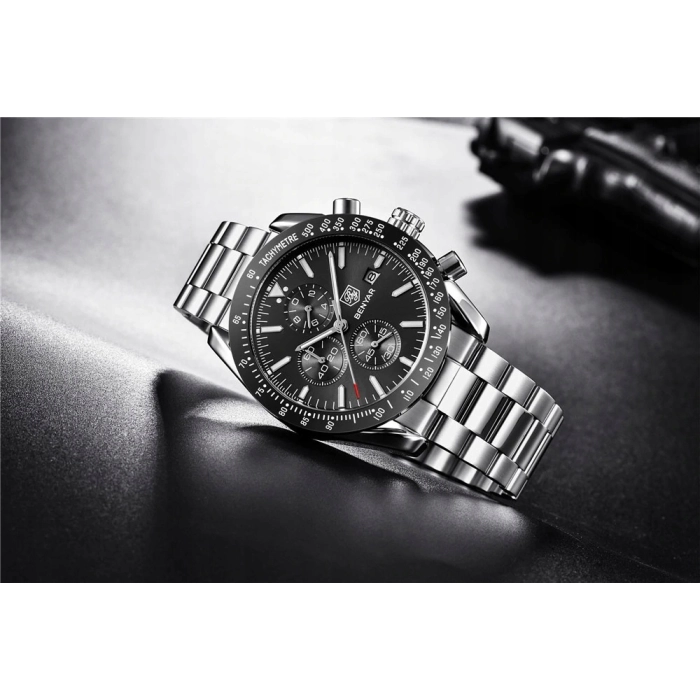 Zegarek męski na bransolecie Benyar - klasyczny i elegancki z chronografem + Pudełko (Granatowy)