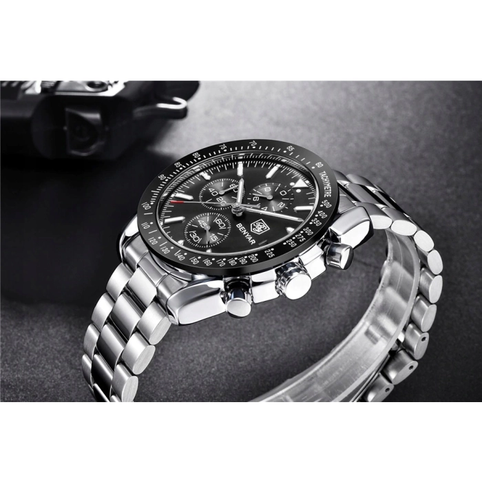 Zegarek męski na bransolecie Benyar - klasyczny i elegancki z chronografem + Pudełko (Granatowy)