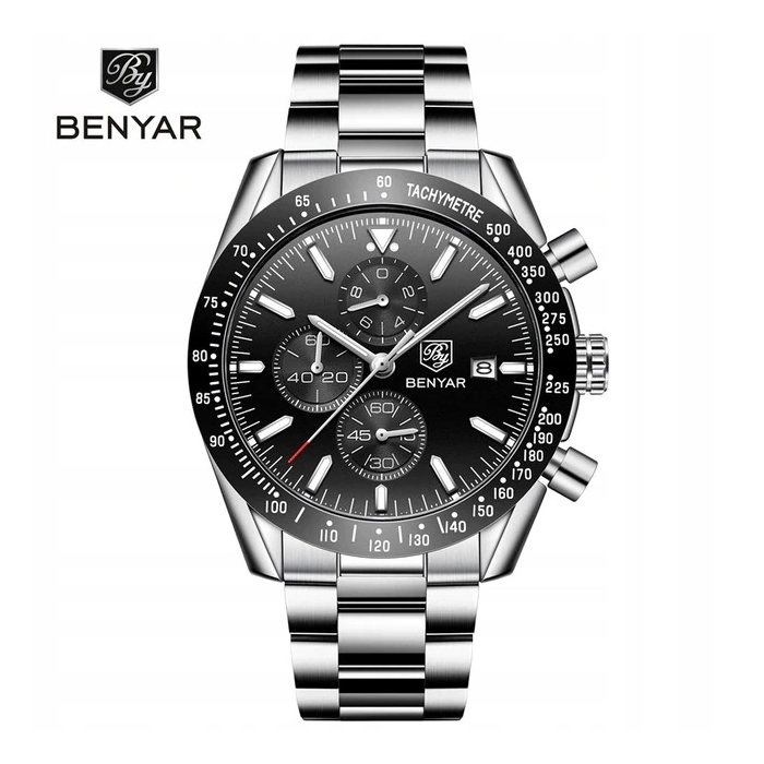 Zegarek męski na bransolecie Benyar - klasyczny i elegancki z chronografem + Pudełko (Granatowy)