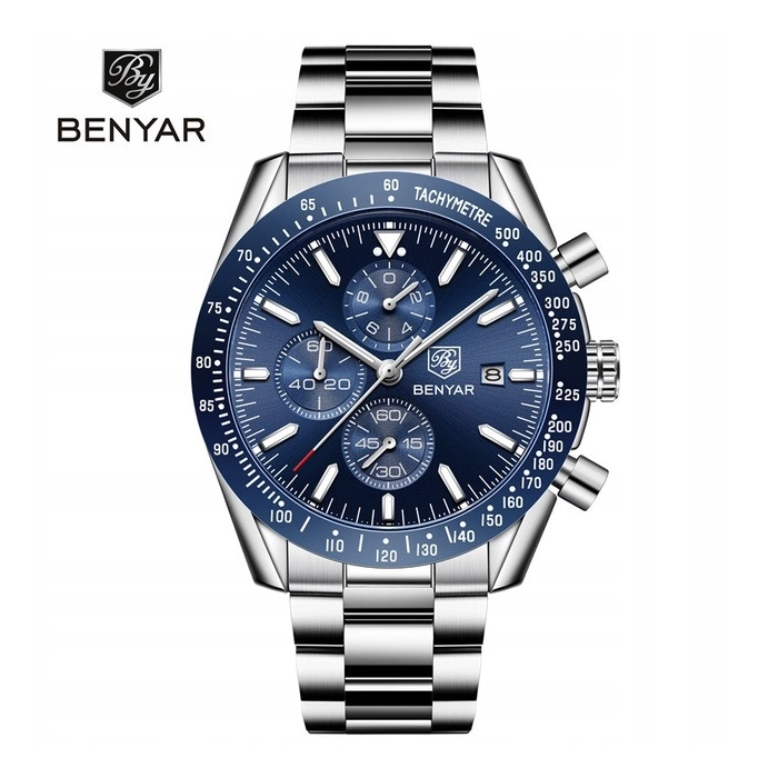 Zegarek męski na bransolecie Benyar - klasyczny i elegancki z chronografem + Pudełko (Granatowy)