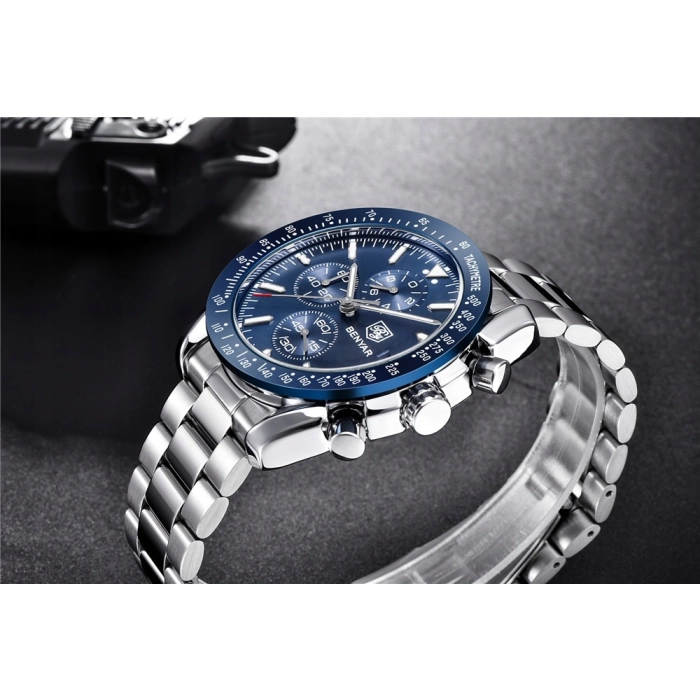 Zegarek męski na bransolecie Benyar - klasyczny i elegancki z chronografem + Pudełko (Granatowy)