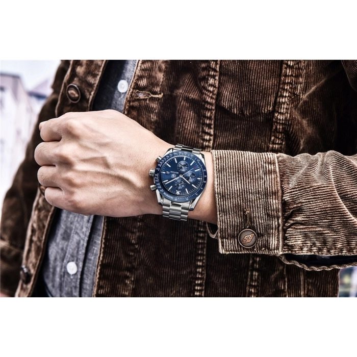 Zegarek męski na bransolecie Benyar - klasyczny i elegancki z chronografem + Pudełko (Granatowy)