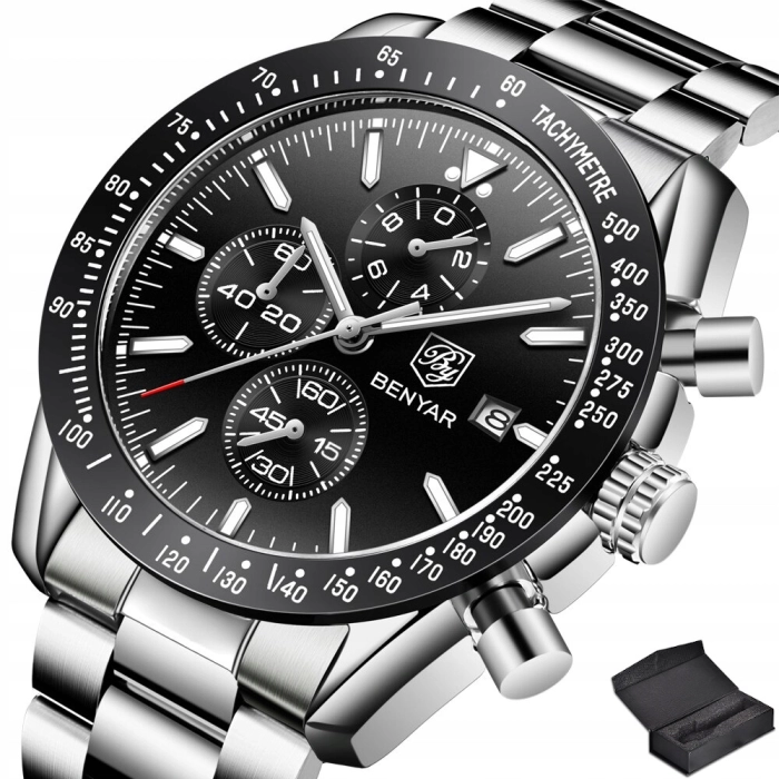 Zegarek męski na bransolecie Benyar - klasyczny i elegancki z chronografem + Pudełko (Granatowy)