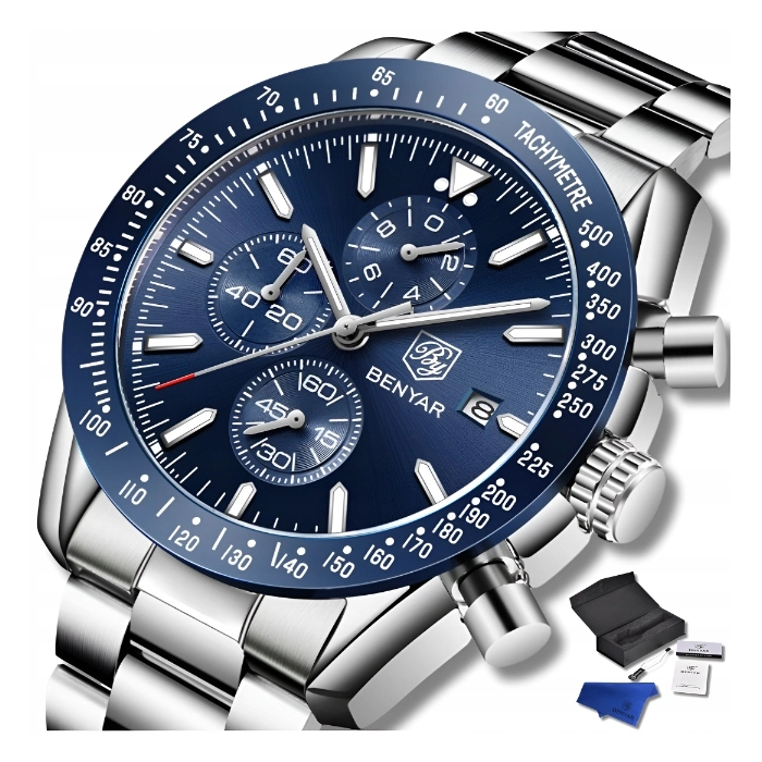 Zegarek męski na bransolecie Benyar - klasyczny i elegancki z chronografem + Pudełko (Granatowy)