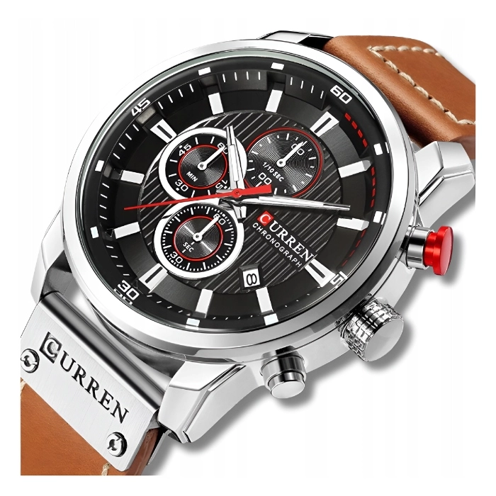 Zegarek męski skórzany Curren - klasyczny i elegancki z chronografem (Srebrno-czarny)