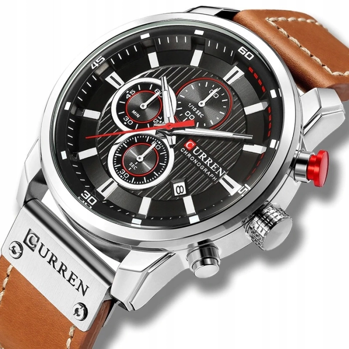 Zegarek męski skórzany Curren - klasyczny i elegancki z chronografem (Srebrno-niebieski)