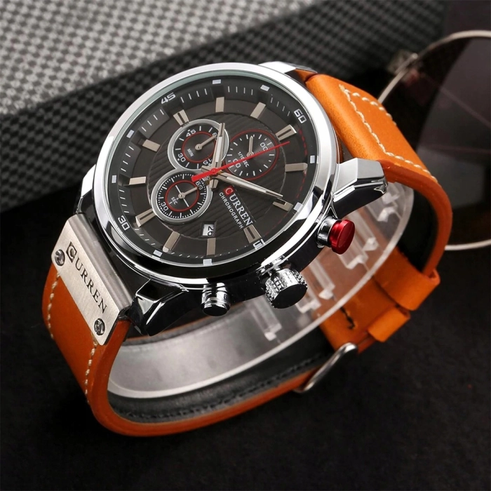 Zegarek męski skórzany Curren - klasyczny i elegancki z chronografem (Srebrno-niebieski)