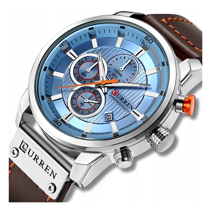 Zegarek męski skórzany Curren - klasyczny i elegancki z chronografem (Srebrno-niebieski)