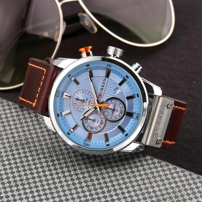 Zegarek męski skórzany Curren - klasyczny i elegancki z chronografem (Srebrno-niebieski)