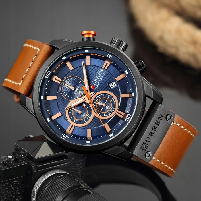 Zegarek męski skórzany Curren - klasyczny i elegancki z chronografem (Ciemnobrązowy)