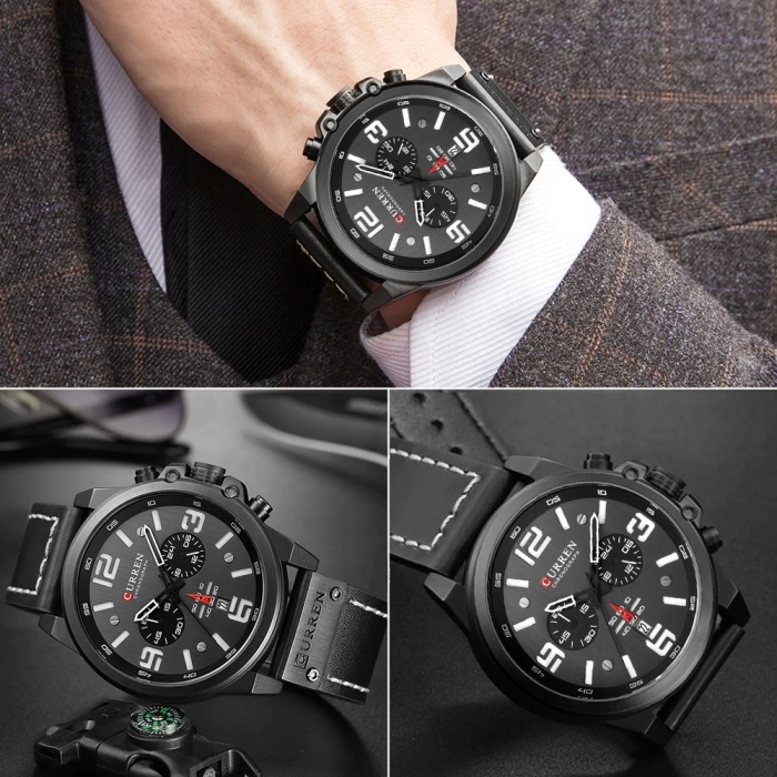 Zegarek męski skórzany Curren - klasyczny z chronografem i datownikiem (Czerwony)