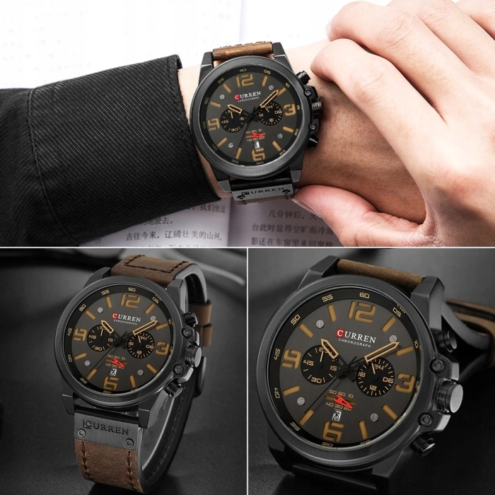 Zegarek męski skórzany Curren - klasyczny z chronografem i datownikiem (Czerwony)