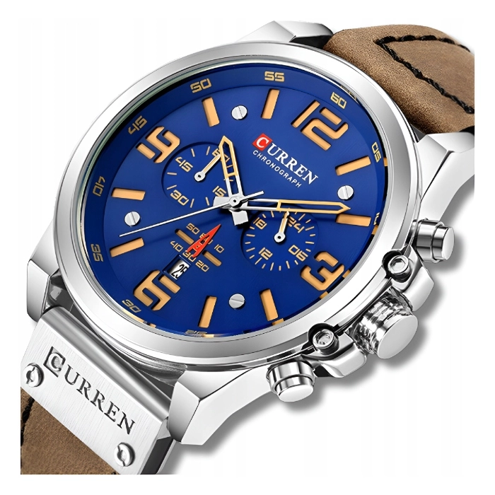 Zegarek męski skórzany Curren - klasyczny z chronografem i datownikiem (Srebrno-niebieski)