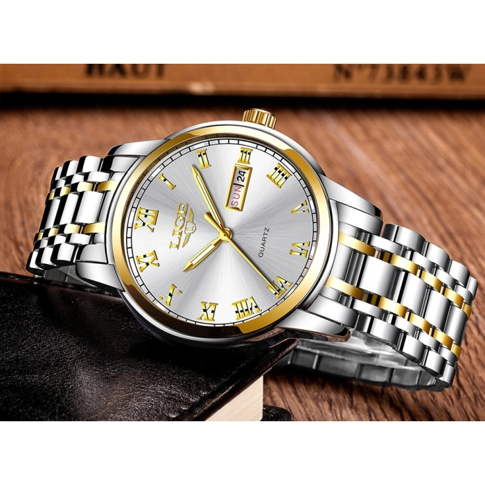 Zegarek męski Lige kwarcowy naręczny klasyczny elegancki stalowy datownik + pudełko