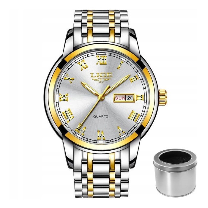 Zegarek męski Lige kwarcowy naręczny klasyczny elegancki stalowy datownik + pudełko