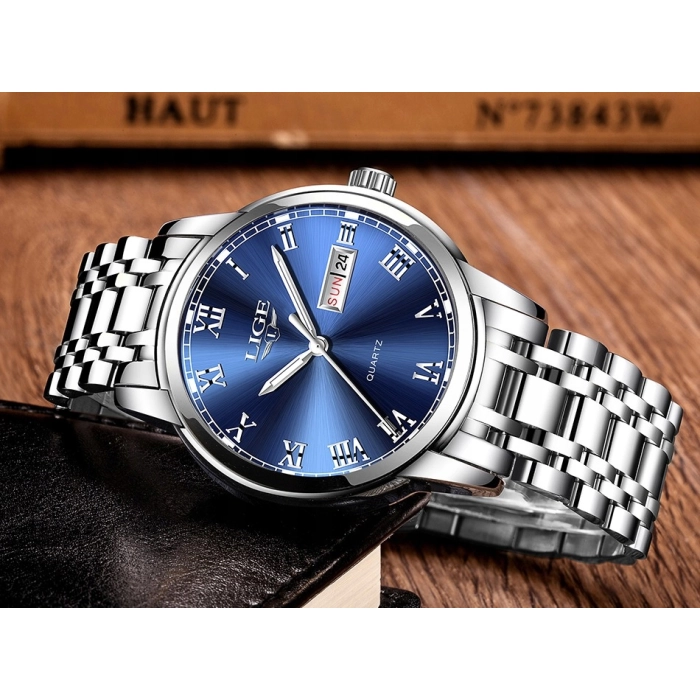 Zegarek męski Lige kwarcowy naręczny klasyczny elegancki stalowy datownik + pudełko