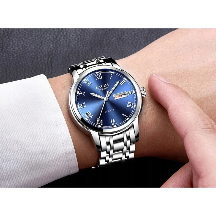 Zegarek męski Lige kwarcowy naręczny klasyczny elegancki stalowy datownik + pudełko
