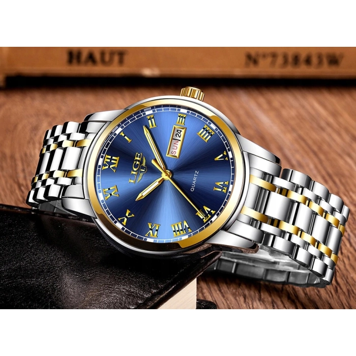 Zegarek męski Lige kwarcowy naręczny klasyczny elegancki stalowy datownik + pudełko