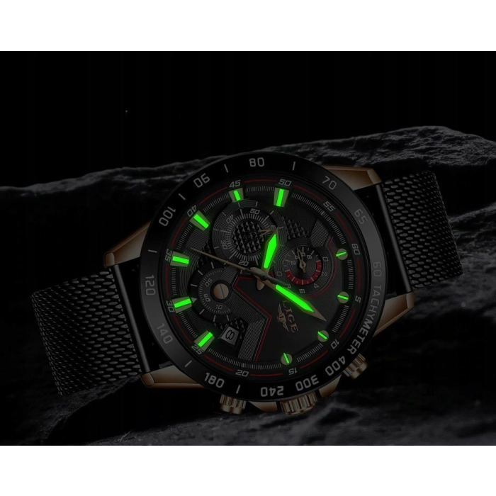 Zegarek męski LIGE na bransolecie z chronografem i datownikiem + Pudełko (Złoto-granatowy)