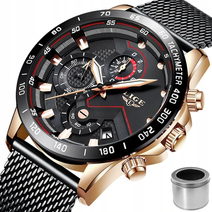 Zegarek męski LIGE na bransolecie z chronografem i datownikiem + Pudełko (Złoto-granatowy)