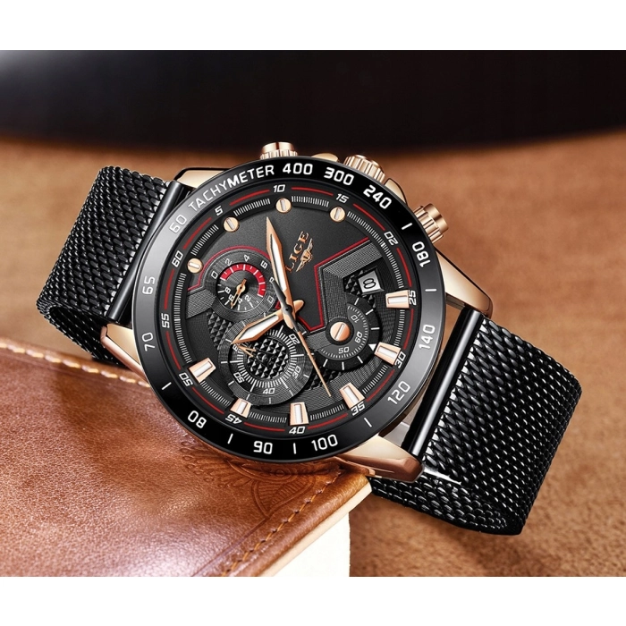 Zegarek męski LIGE na bransolecie z chronografem i datownikiem + Pudełko (Złoto-granatowy)